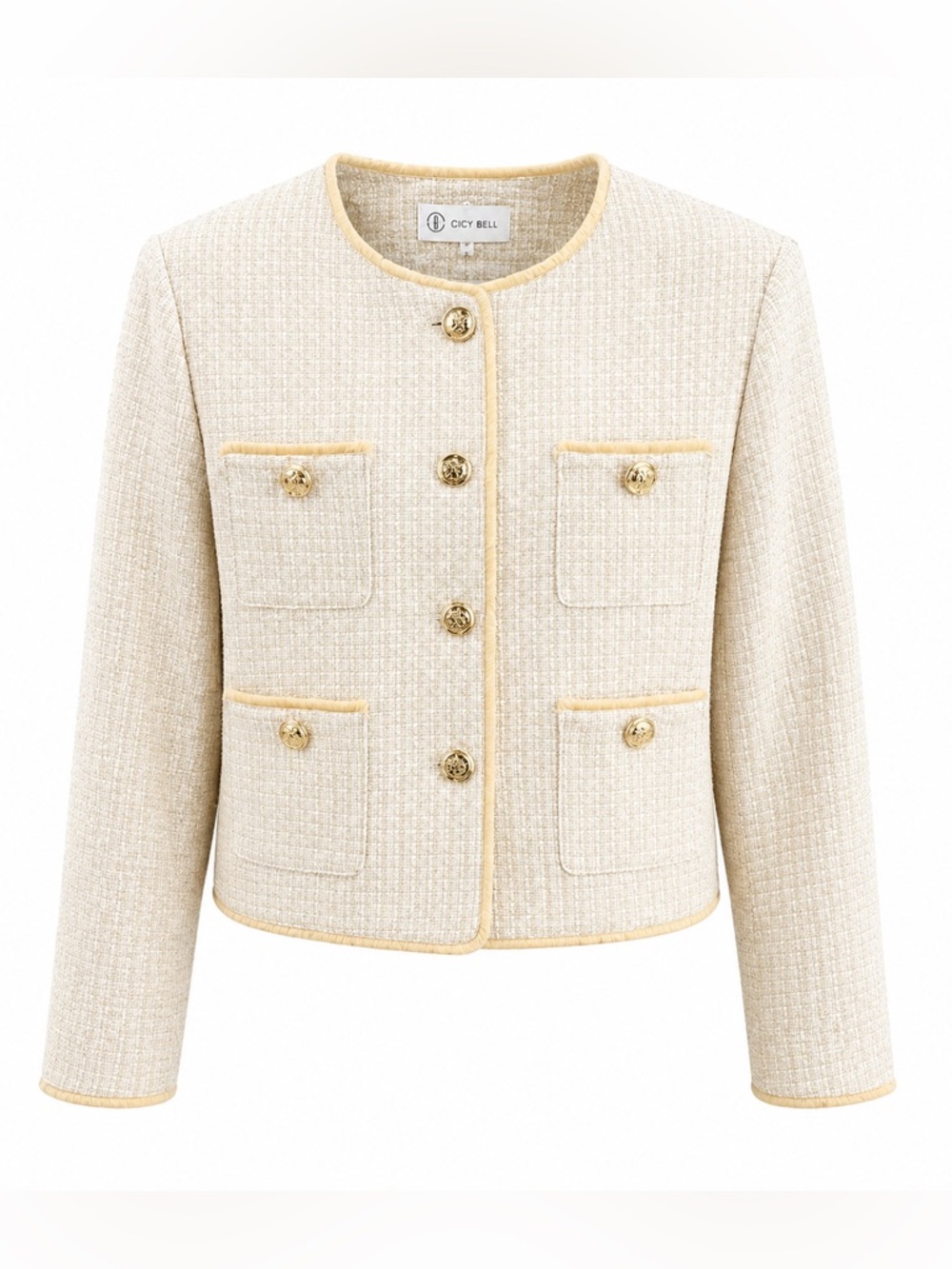 Cicy Bell Tweed Jacket Cream Cropped Gold Button Blazer Chic Old Money Size M